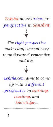 
 Eeksha means view or perspective in Sanskrit 
￼ The right perspective makes any concept easy to understand, remember, and use..
￼ Eeksha.com aims to come up with a different perspective on learning, teaching, and knowledge...  ------------------------------------------
(click here to know more)